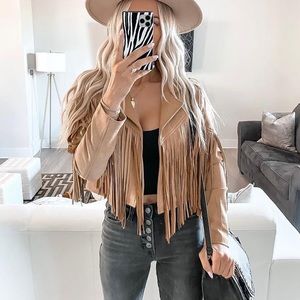 Faux suede fringe long sleeve women jacket